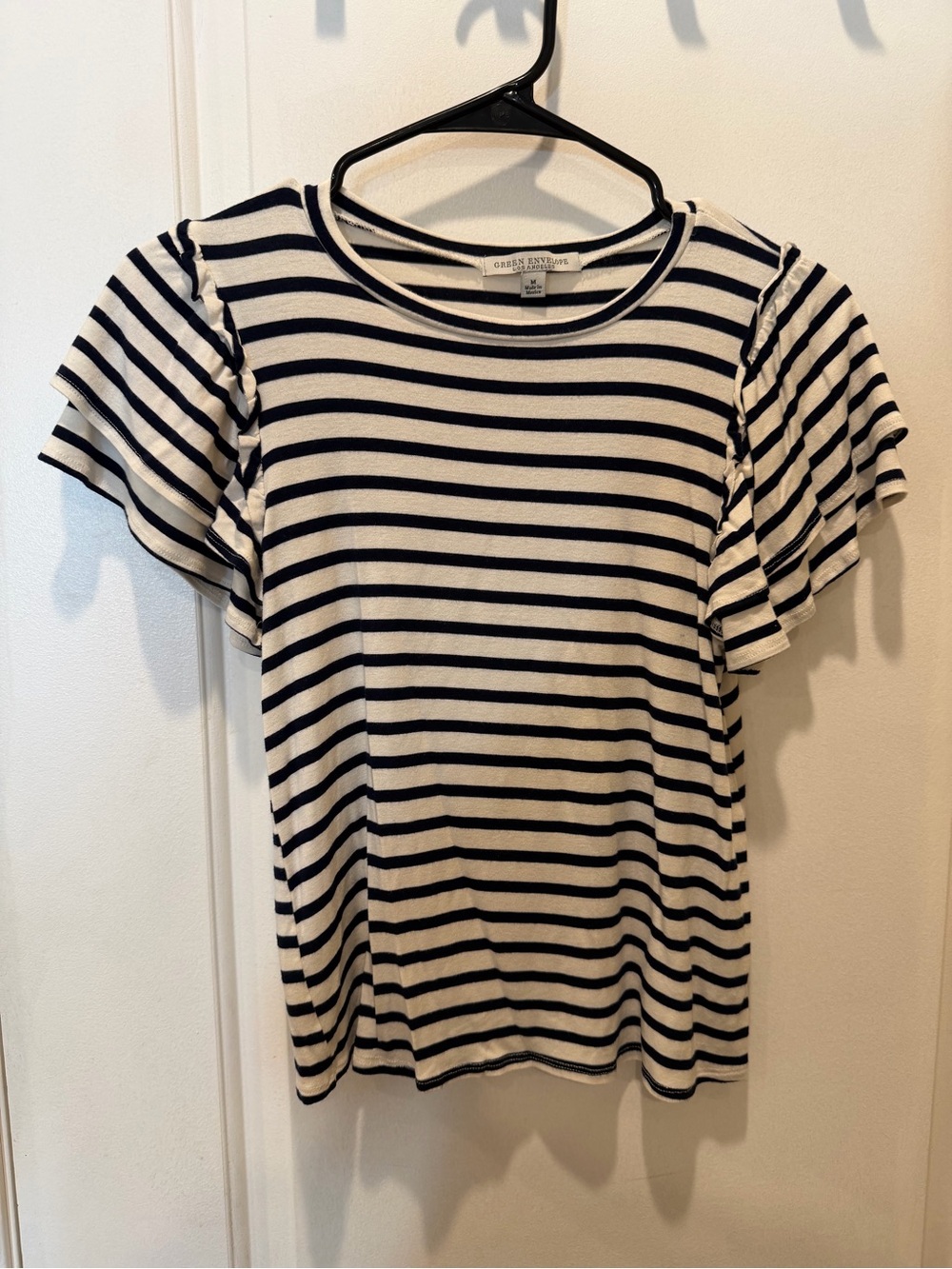 Green Envelope Navy Blue & White Striped Flutter Sleeve Tee